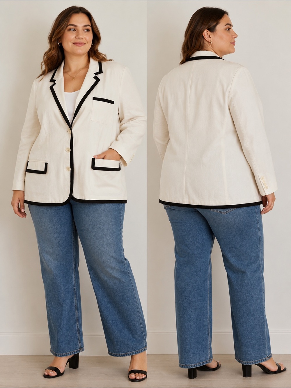 Lauren Ralph Lauren Size 3X Cream Blazer Jacket Black Trim Preppy Nautical Fall